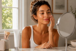Woman looking in the mirror applying sunscreen